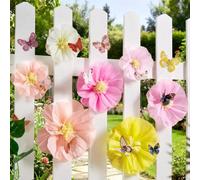 SUNBEAUTY 7Pcs Large Paper Flower Decorations with 3D Butterfly Stickers | Pink Yellow Giant Paper Flowers Pastel Flowers Butterfly Party Decoration for Garden Girls Women Birthday Wedding Tea Party