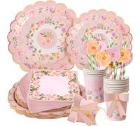 SUNBEAUTY 80pc Tea Party Tableware Set Afternoon Tea Decoration with Floral | 16 Guests Party Paper Plates Straws Napkins Cups for Birthday Wedding Baby Shower Garden Tea Party Supplies