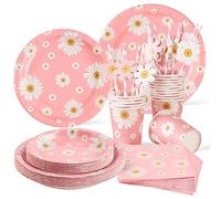SUNBEAUTY 80pcs Party Tableware Set Daisy Theme Pastel Birthday Decorations | 16 Guests Paper Party Tablewares for Birthday Plates and Napkins Sets Baby Shower Decor Girls Decorations