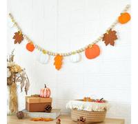 SUNBEAUTY Autumn Hanging Decorations Felt Pumpkin Maple Leaf Banner WIth Wood Beads Autumn Wooden Garland Orange Cream Thanksgiving Decoration For Fall Harvest Party Fireplace Home Wall Decor,5.9Ft