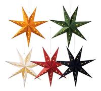 SUNBEAUTY Christmas 5pcs Paper Stars 7 Pointed 12 Inch Green Red Black White Yellow Hanging Star Lanterns for Home Party
