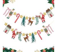 SUNBEAUTY Christmas Banners, Christmas Hanging Bunting with Santa,Reindeer,Tree and House Hanging Xmas Decorations Outdoor Indoor for Party Home Wall Fireplace Window Classroom Office-2Pcs