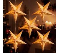 SUNBEAUTY Christmas Paper Stars, Openwork Design 5 Pointed 12 Inch White Color Hanging Paper Star Lanterns, Christmas Decorations Hanging Lamp for Indoor Xmas Tree, Yard, Home Decor Birthday