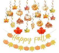 SUNBEAUTY Fall Party Decorations Glitter Happy Fall Banner Hanging Pumpkins Maple Leaves Garland 3D Hot Orange Maple Leaf Honeycomb For Autumn Party Thanksgiving Harvest Festival Classroom Home Office