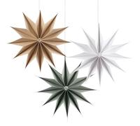 SUNBEAUTY Paper Christmas Stars Lanterns, 3Pcs 30CM 12-Pointed Star Christmas Tree Decorations, Grey Original Wood Colour White Paper Stars, Christmas Hanging Wedding Home Christmas Decoration
