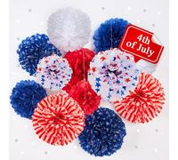 SUNBEAUTY Patriotic Tissue Paper Pom Poms 4th of July Party Decorations Red White and Blue Hanging paper fans for American Independence Day USA Flag Theme Party Backdrop Home Decor Supplies-12Pcs