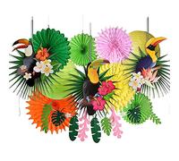 SUNBEAUTY Tropical Bird Toucan Leaf Garland Kit for Summer Hawaiian Luau Tiki Tropical Jungle Themed Party Decorations with Paper Palm Leaves Fans Lanterns
