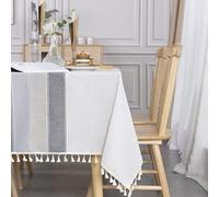 SUNBEAUTY Wipeable Table Cover Rectangular Tablecloth Cotton Linen Table Cloth Heavy Duty with Tassel Fringe Decoration 140x240 cm for Kitchen Dining Table - 55 x 94 inch