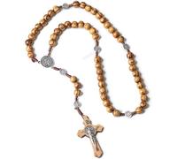 Sunbilien Prayer Carving Rose Necklace - Handmade Wooden Exorcist Catholic Rose Beads with Saint Benedict Medal and Cross (44cm Chain Length, Gift Preparation)