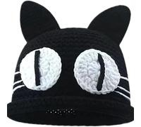 Suncadmious Crochet Cat Hat Beanie Big Eyes Funny Knitted Hats Monster Hat Y2k Cute Beanies (Black,One Size)