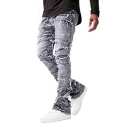 Suncadmious Men's Fashion Hip Hop Stacked Ripped Jeans Stretch Embossed Spliced Slim Straight Jeans Y2k Skateboarding Streetwear Hip Hop Pants (Gray,M)