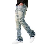 Suncadmious Men's Fashion Hip Hop Stacked Ripped Jeans Stretch Embossed Spliced Slim Straight Jeans Y2k Skateboarding Streetwear Hip Hop Pants (Light Blue,M)