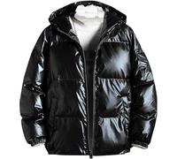 Suncadmious Men's Glossy Padded Winter Hood Coat Metallic Full Zip Down Quilted Puffer Jacket Warm Plus Size Shiny Hooded Coat (Black,S)