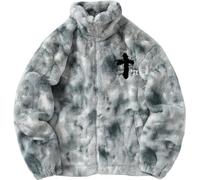 Suncadmious Men's Women's Plush Cross Embroidery Fleece Jacket Loose Couple Cotton Clothes Winter Warm Thickened Jacket Retro Printed Parka Cotton Jacket (Blue,XL)