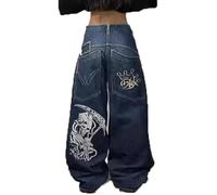 Suncadmious Men's Women's Y2K Street Hip Hop Skull Print Jeans - Gothic Big Pockets Loose Neutral Vintage High Waist Denim Wide Leg Pants (Blue, S)