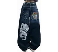 Suncadmious Men's Women's Y2K Street Hip Hop Skull Print Jeans Personalized Pattern Loose Straight Leg Wide Leg Jeans Gothic Print Unisex High Waist Jeans (Blue,M)