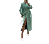 Suncadmious Women Double Breasted Lapel Pea Coats Ankle Length Solid Color Overcoat Lantern Sleeve Maxi Long Trench Coat (Green,S)