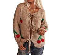 Suncadmious Womens Cherry Cardigan Bow Tie Front Sweater Crew Neck Cute Cardigan Top (Khaki,M)