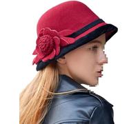 Suncadmious Women's Cloche Hat 1920s Winter Bucket Hat Vintage Church Elegant Flower (red,One Size)