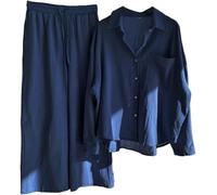 Suncadmious Women's Elegant Casual Curve Set Loose Shirt Trousers Linen Two Piece With Button and High Waisted Loose Trousers With Drawstring Set (A Navy Blue,XL)