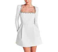 Suncadmious Women's Fall and Winter Elegant Square Neck Mini Dress U Neck Rhinestone Dress Long Sleeve Cocktail A-Line Casual Business Formal Dresses (White 3,S)