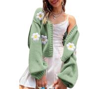 Suncadmious Women's Floral Pattern Long Sleeve Cardigan Sweater Vantage Oversized Chunky Flower Sweater Long Sleeve V-Neck Crochet Short Knit Sweater (Green,L)