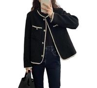 Suncadmious Women's French Vintage Tweed Blazer Business Casual Knit Jacket Long Sleeve Single Breasted Round Neck (Black, M)