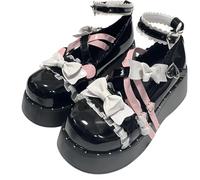 Suncadmious Women's Kawaii Round Toe Lolita Platform Shoes Cute Pink Strappy White Bow Lace Edge Mary Jane Platform Shoes Sweet Heels (Black,38)