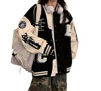 Suncadmious Women's loose spring and fall fashion retro striped color collision college uniform varsity baseball jacket Harajuku oversized sweatshirt jacket (Black,M)