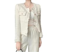 Suncadmious Women's Plaid Tweed Blazer Open Front Collarless Blazer Elegant Work Cropped Jacket Coat (White,M)