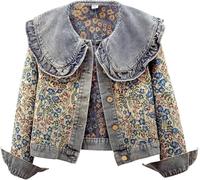 Suncadmious Women's Ruffle Doll Collar Embroidered Denim Jacket Long Sleeve Jacquard Casual Denim Jacket Button Front Oversized Denim Jacket (blue,M)
