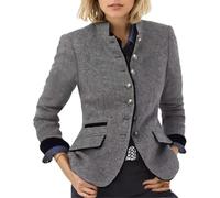 Suncadmious Women's Spring and Fall Retro Single-Breasted Tweed Blazer Lapel Tweed Blazer Elegant Long-Sleeved Stand-up Collar Fitted Business Jacket Jacket (Gray,L)
