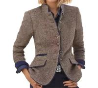 Suncadmious Women's Spring and Fall Retro Single-Breasted Tweed Blazer Lapel Tweed Blazer Elegant Long-Sleeved Stand-up Collar Fitted Business Jacket Jacket (Coffee,S)