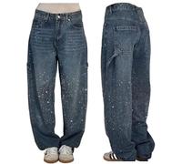 Suncadmious Women's Spring Casual Rhinestone Loose Harlan Jeans Y2K Casual Wide Leg Teenage Pants Shiny Gradient Diamonds Jeans Hot Drill Jeans (Dark Blue,M)