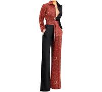 Suncadmious Women's Spring Sexy V-Neck Casual Jumpsuit Classic Jumpsuit Straight Jumpsuit Set Elegant Business Office Suit Pants Set (Red,XXL)