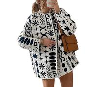 Suncadmious Women's White Floral Printed Puffy Cardigan Jacket, Long Sleeve, Collared Neck, Loose/Oversized fit, Boho Style, Autumn, Winter, Spring, Button Closure, Women's Winter Coat