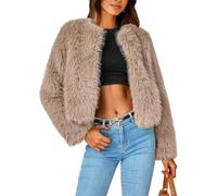 Suncadmious Women's Winter Coats Fleece Cropped Jacket Faux Fur Long Sleeve Pockets Shaggy Warm Outerwear Fall Clothes (Khaki,XL)