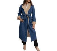 Suncadmious Women's Winter Elegant Lapel Sherpa Lined Belted Long Denim Jacket Flap Lapel Closure Denim Windbreaker Scrunchy Double Pocket Denim Windbreaker (Blue,L)