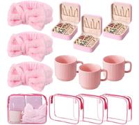 Suncalla 12 Pcs Pink Sleepover Party Supplies for Girls Spa Party Favors Women Bow Headbands Jewelry Storage Box Cosmetic Bags Coffee Mug for Women Birthday Bachelorette Slumber Spa Gift