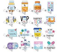 Suncalla 16 Pcs Pharmacy Badge Reel Funny Pharmacy Technician Gifts Retractable Pharmacist Badge Holder with ID Clip for Nursing Student Teacher Doctor Medical Assistant Work Office Supplies