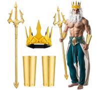Suncalla 3 Pcs Halloween Neptune Poseidon Costume Accessory Gold Adult Trident Foam Crowns Cosplay Set for Halloween Cosplay