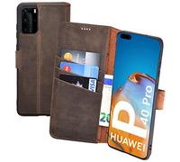 Suncase Book-Style Case Compatible with Huawei P40 Pro Leather Case (Slim Fit) Mobile Phone Case Protective Case with 3 Card Slots in Antique Brown