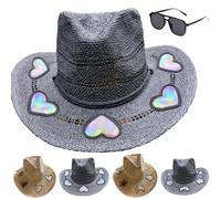 Suncatcher Cowgirl Straw Prism Hat for Women, Handwoven UV Prism Suncatcher Western Rainbow Cowboy Beach Hat(Black Heart)