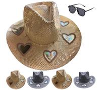 Suncatcher Cowgirl Straw Prism Hat for Women, Handwoven UV Prism Suncatcher Western Rainbow Cowboy Beach Hat(Beige Heart)