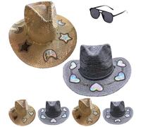 Suncatcher Cowgirl Straw Prism Hat for Women, Handwoven UV Prism Suncatcher Western Rainbow Cowboy Beach Hat(2PCSB)