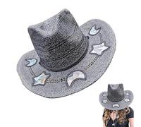 Suncatcher Cowgirl Straw Prism Hat, Handmade Celestial Suncatcher Hat Cosmic Cowboy Tan Beach Rainbow Moon and Stars