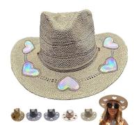 Suncatcher Cowgirl Straw Prism Hat,Stylish Western Wide Brim Cowboy Summer Beach Sun Hat For Women,Handmade Celestial Suncatcher Hat Cosmic Cowboy Tan Beach Rainbow Moon And Stars