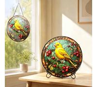 Suncatcher Stained Glass Window Hanging - Yellow Bird Canary Colored Glass Panel Round Sun Catchers with Hook & Stand, Stand or Hang for Window Garden Home Decor Office Ornament (6.3 inch)