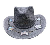 Suncatchers Hat with Rainbow Diffraction Star Moon Cutouts Natural Breathable Straw Woven Hat for Outdoor Concert Picnics Suncatchers Straw
