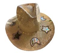 Suncatchers Hat with Rainbow Diffraction Star Moon Cutouts Natural Breathable Straw Woven Hat for Outdoor Concert Picnics Suncatchers Straw